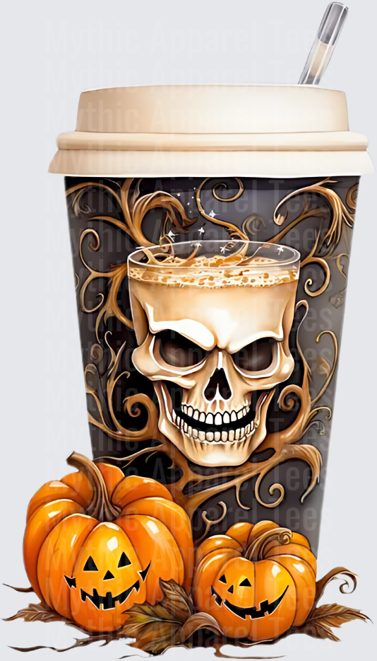 Spooky Skull Pumpkin Spice Latte Cup with Jack-O-Lanterns and Gothic Swirl Vines