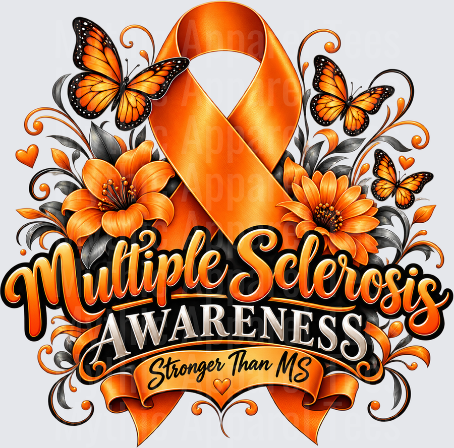 Multiple Sclerosis Awareness Stronger Than MS Orange Ribbon Monarch Butterflies Floral Design