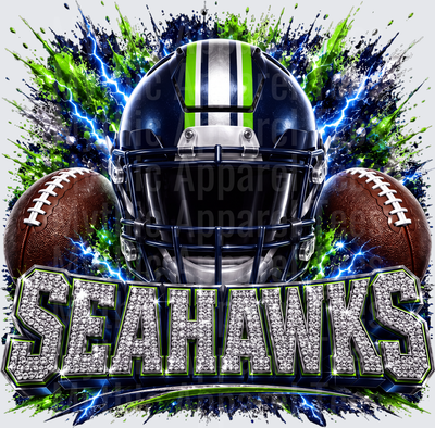 Rhinestone Style NFL Seattle Seahawks Navy and Neon Green Helmet with Dual Footballs and Lightning Bolt Splash Diamond Bling Text