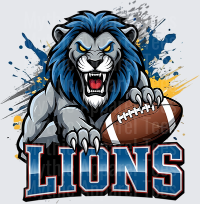 Fierce Blue Mane Lions Mascot Roaring with Football Splatter Paint Graphic