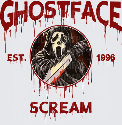 Ghostface Scream Est. 1996 Bloody Drip Circle Portrait with Bloody Knife Horror Movie Killer Graphic
