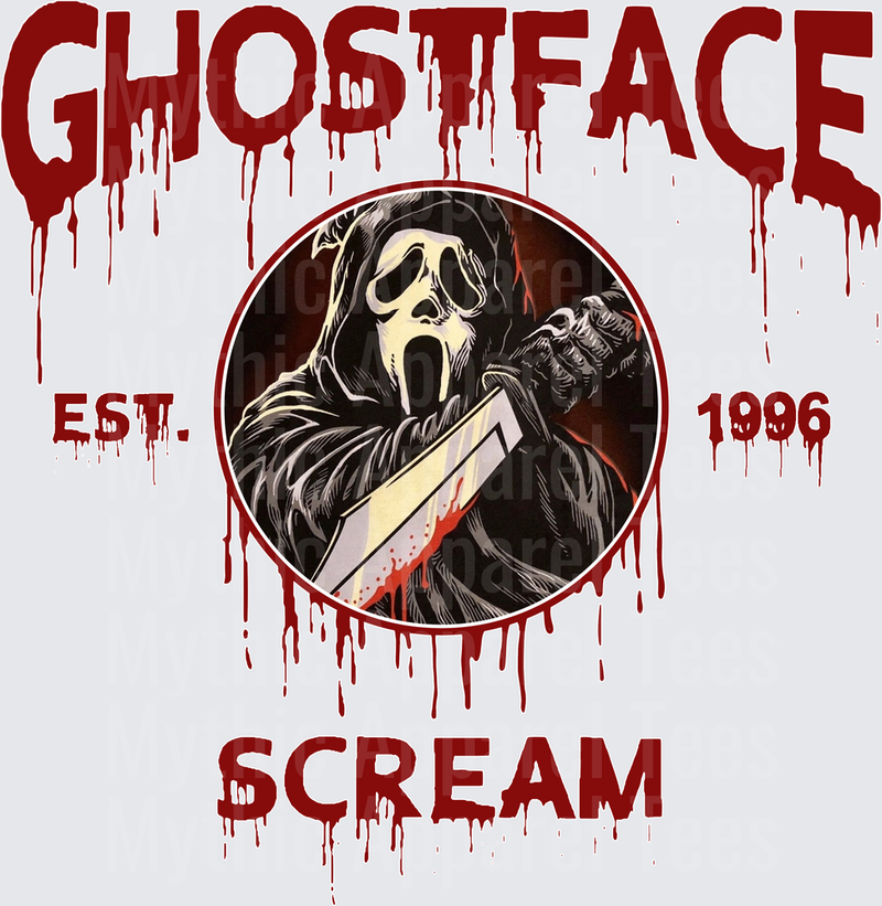 Ghostface Scream Est. 1996 Bloody Drip Circle Portrait with Bloody Knife Horror Movie Killer Graphic