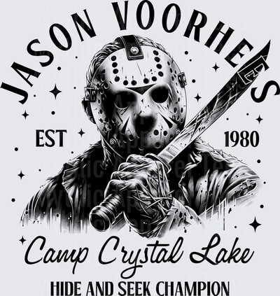 Jason Voorhees Friday the 13th Camp Crystal Lake Hide and Seek Champion EST 1980 Black and White Horror Graphic