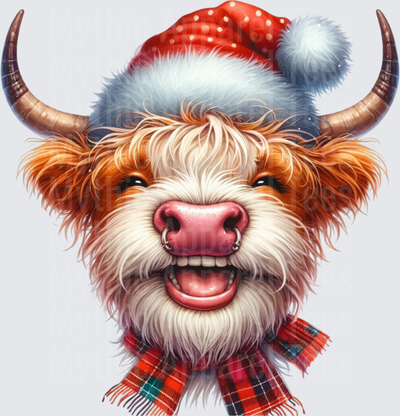 Highland Christmas Cow Santa Hat Plaid Scarf Smiling