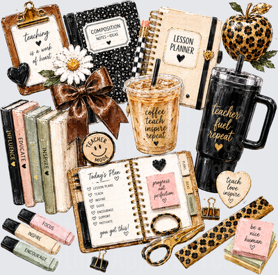 Teacher Life Aesthetic Collage Coffee Teach Inspire Repeat Leopard Print Planner Supplies Bundle