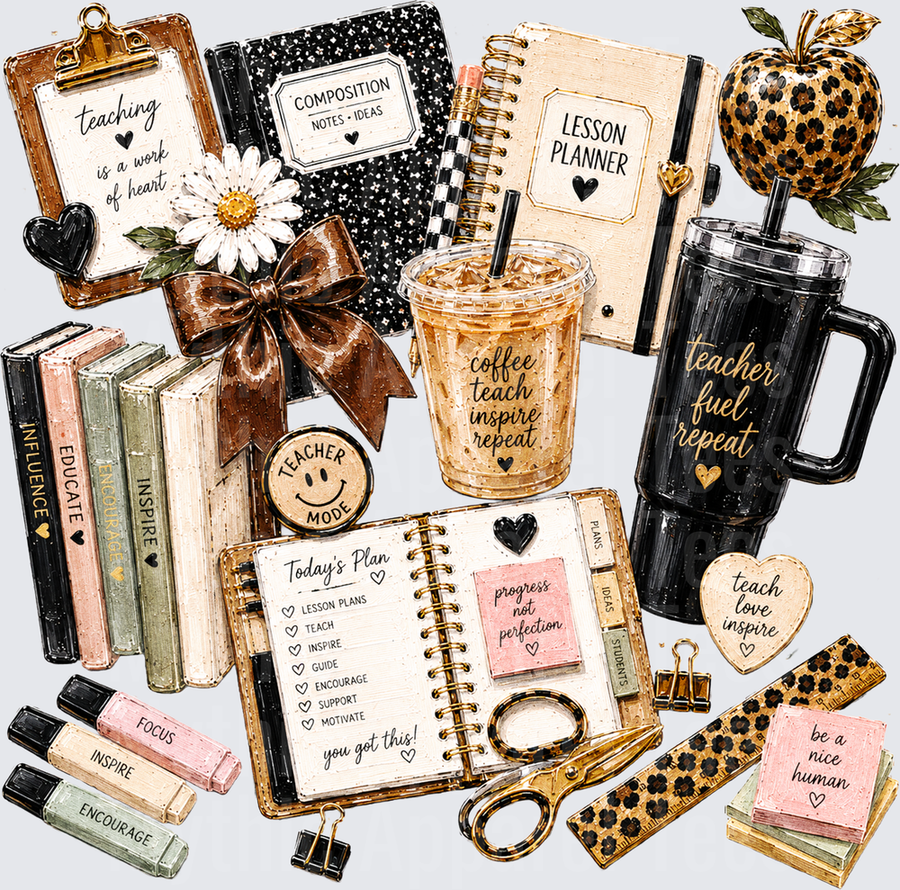 Teacher Life Aesthetic Collage Coffee Teach Inspire Repeat Leopard Print Planner Supplies Bundle