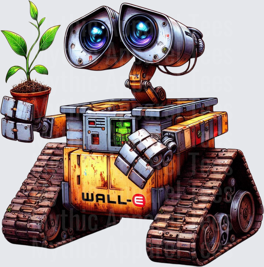 WALL-E Robot Holding Green Plant Seedling Pot Detailed Illustrated Design