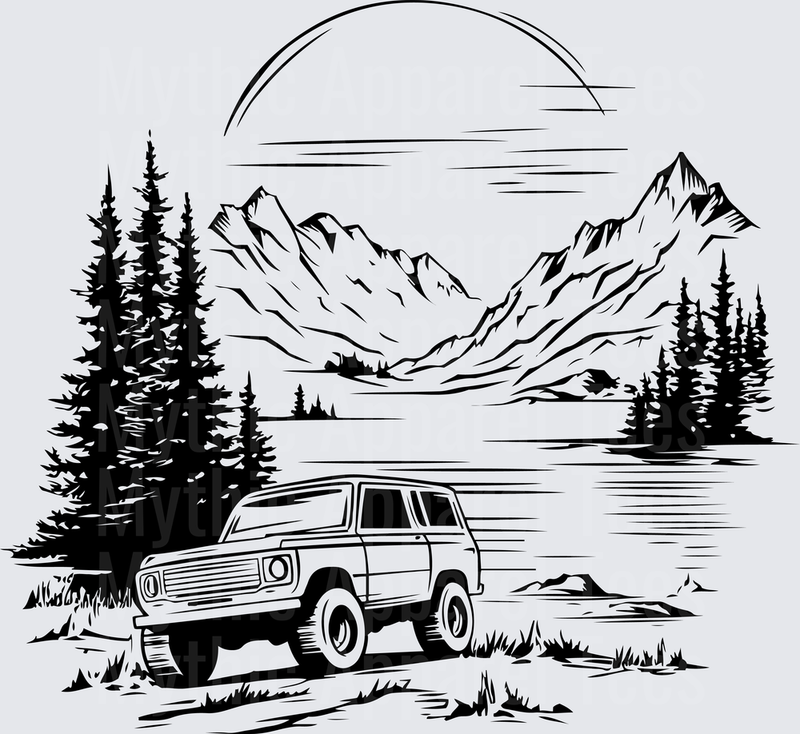 Off Road Jeep Mountain Lake Pine Tree Wilderness Scene