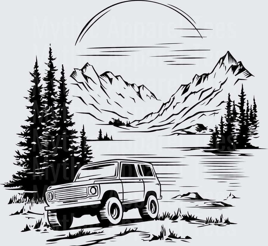 Off Road Jeep Mountain Lake Pine Tree Wilderness Scene