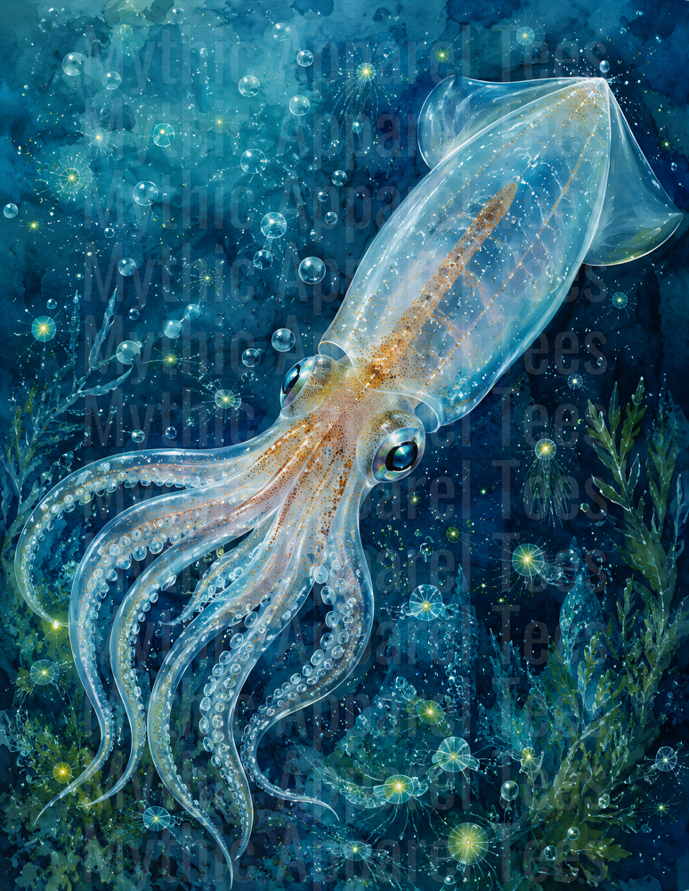 Ocean Animals Glowing Translucent Squid Deep Sea Watercolor