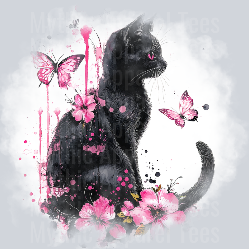 Black cat with pink flowers and pink butterflies DTF Cat Transfers