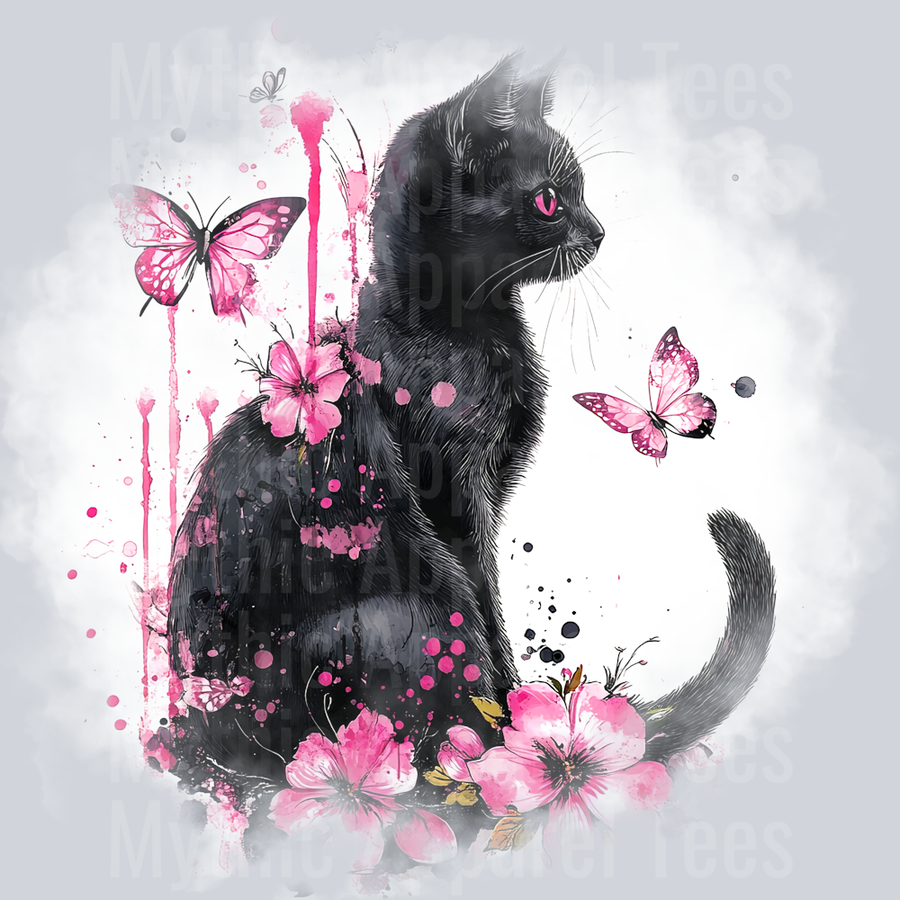 Black cat with pink flowers and pink butterflies DTF Cat Transfers