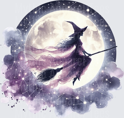 Halloween Gothic Witches Flying Broomstick Full Moon Watercolor Stars