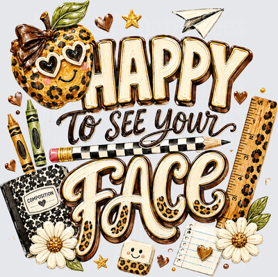 Happy To See Your Face Leopard Print Teacher School Supplies Apple Pencil Composition Notebook Crayons Ruler Back To School