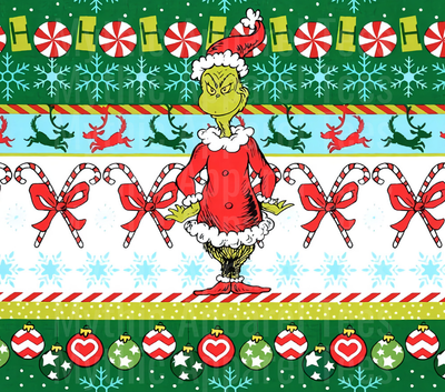The Grinch in Santa Suit Ugly Christmas Sweater Pattern with Candy Canes Ornaments Reindeer and Peppermint Stripes