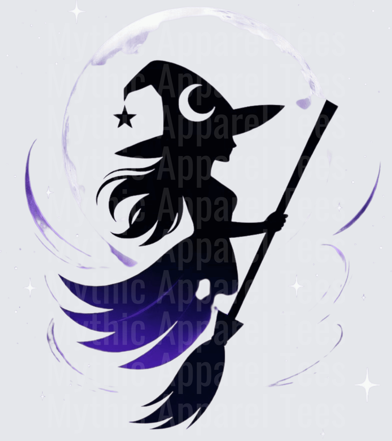 Witch Silhouette Flying on Broomstick with Crescent Moon Hat and Purple Full Moon Background