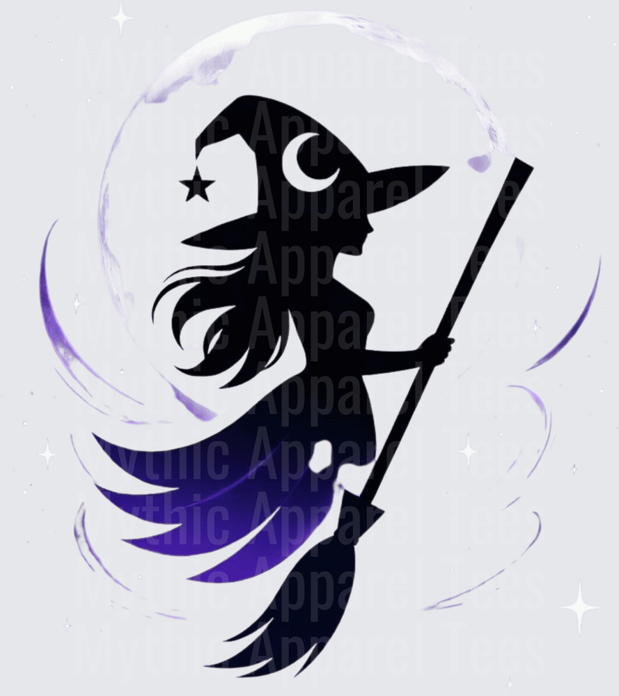 Witch Silhouette Flying on Broomstick with Crescent Moon Hat and Purple Full Moon Background