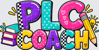 PLC Coach Colorful Bold Letters with Books Pencil and Light Bulb Education Design