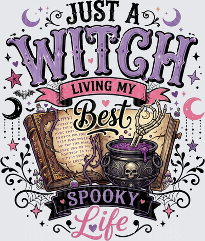 Just A Witch Living My Best Spooky Life Purple Cauldron Spell Book Skeleton Hand Halloween