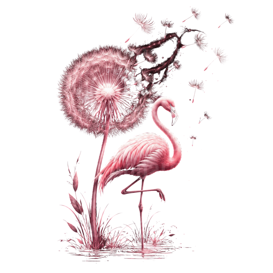 Flamingo Standing Beside Giant Dandelion with Seeds Floating