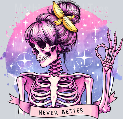 Never better skull girl with sassy hair and ok finger sign DTF Skull Transfers