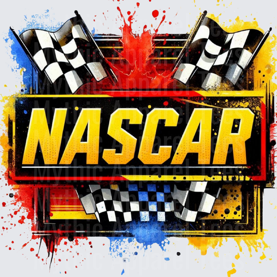 NASCAR Bold Yellow Text with Checkered Racing Flags and Colorful Paint Splash Background