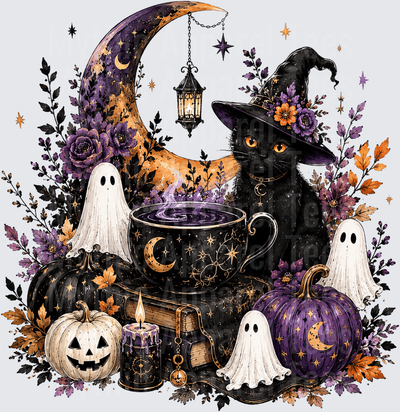 Halloween Black Cat Witch Hat Moon Ghosts Pumpkins Cauldron
