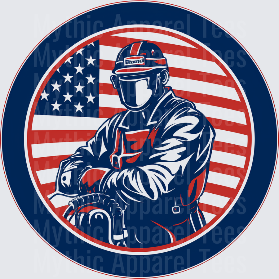 American Patriot Welder with Welding Gun and USA Flag Circle Badge in Red White and Blue