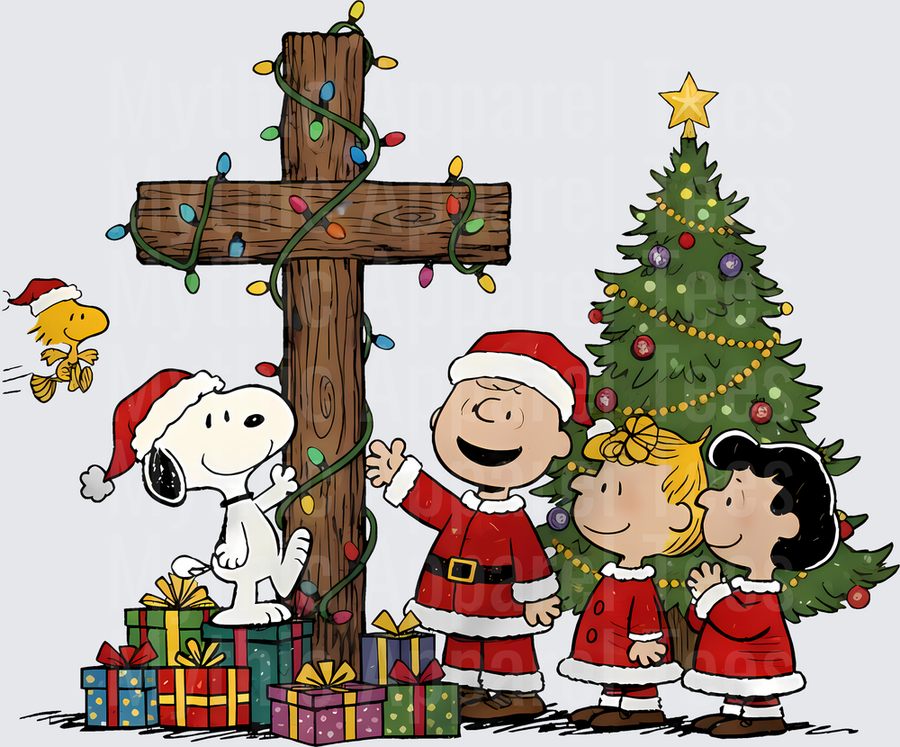 Peanuts Gang Christmas Charlie Brown Snoopy Woodstock Sally Lucy Santa Suits Wooden Cross Holiday Faith