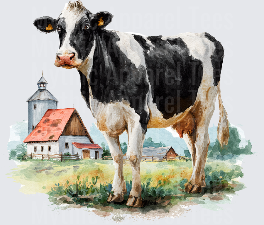 Watercolor Holstein Dairy Cow Standing in Green Pasture with Red Roof Barn and Grain Silo
