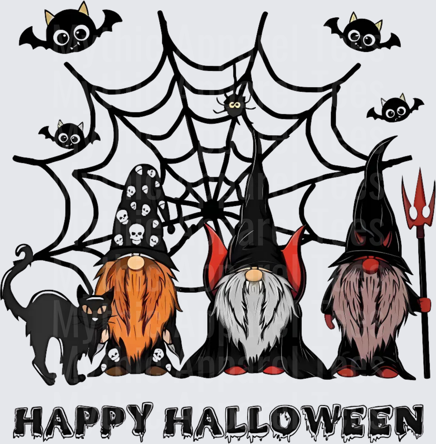 Happy Halloween Gnome Trio with Black Cat Bats and Spiderweb