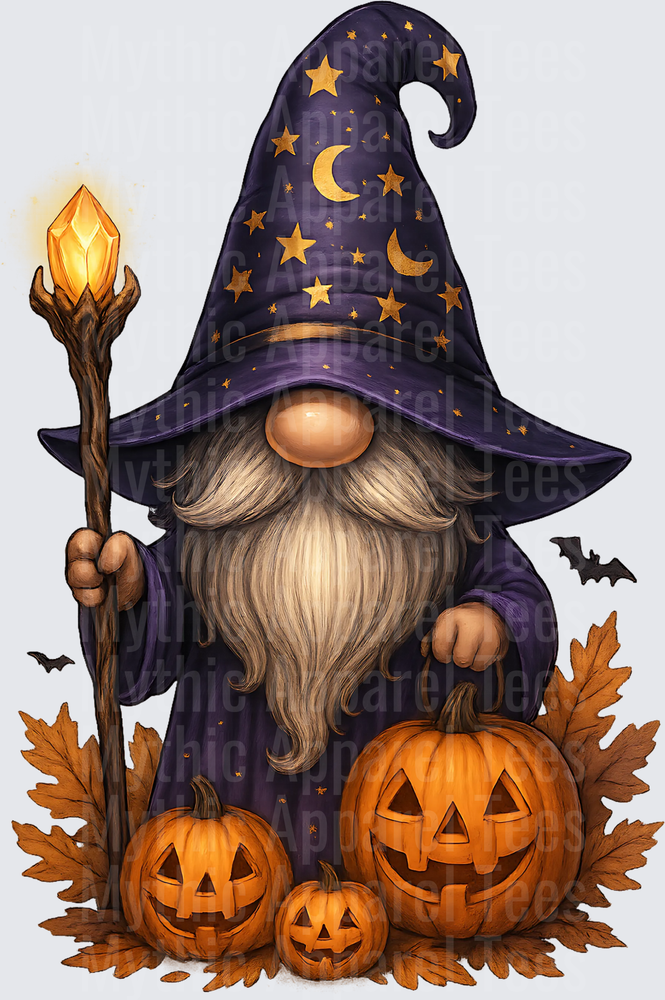 Halloween Wizard Gnome with Glowing Crystal Staff and Jack-O-Lanterns