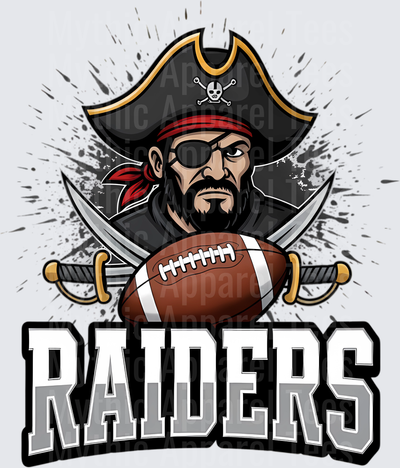 Raiders Pirate Mascot with Crossed Swords and Football Splatter Design