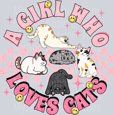 A Girl Who Loves Cats Pink Checkers DTF Cat Transfers