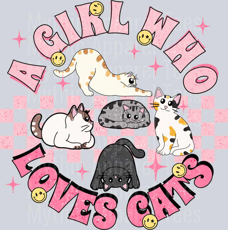A Girl Who Loves Cats Pink Checkers DTF Cat Transfers