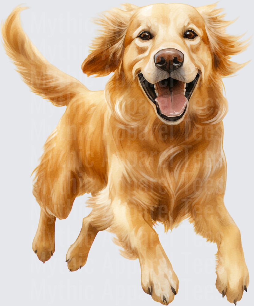 Joyful Golden Retriever Running with Happy Open Mouth Watercolor Portrait