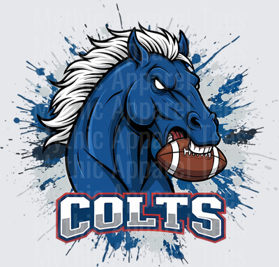 Fierce Blue Colts Horse Mascot Biting Football with Paint Splatter Background