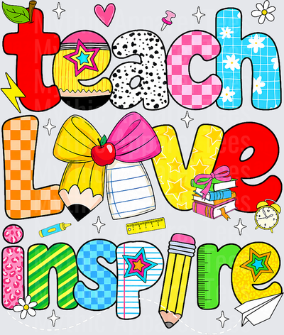Teach Love Inspire Colorful Patterned Letters Teacher Appreciation Design with Apple Pencil Books and School Supplies