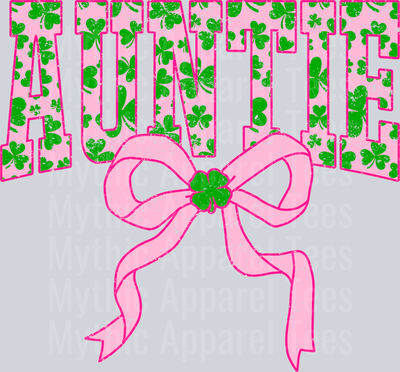 Pink Shamrock Auntie Bow St Patrick's Day College Font Floral and shamrock pattern