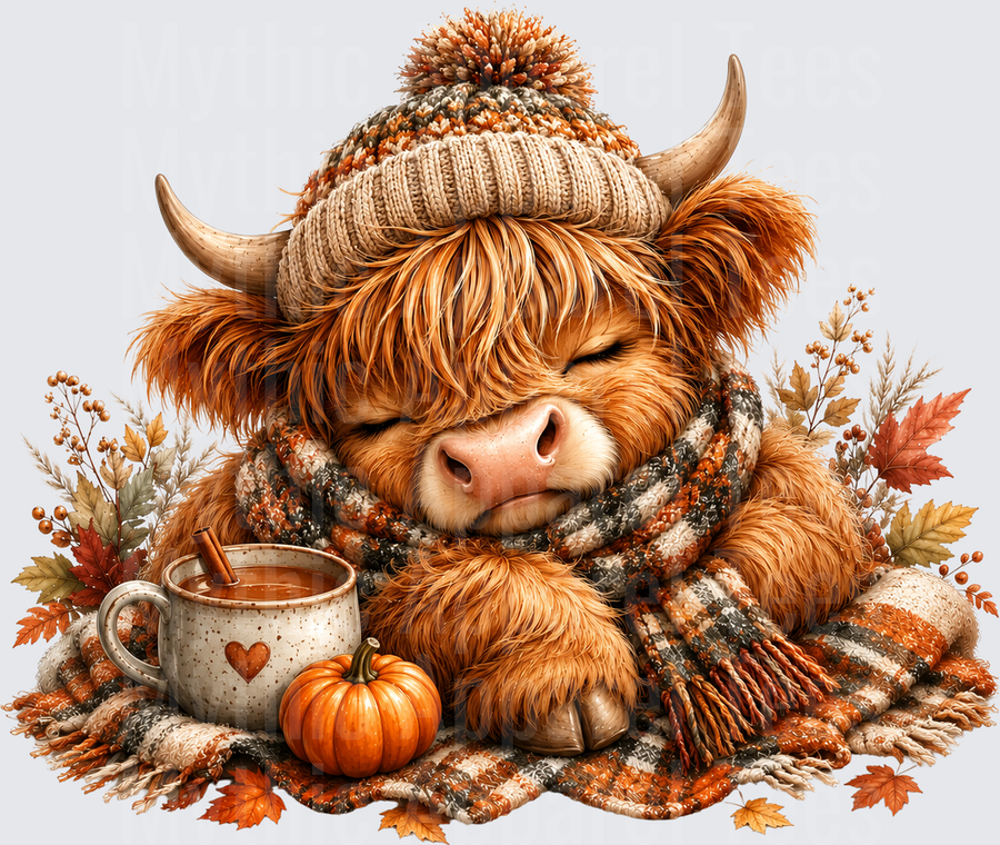 Cozy Sleeping Baby Highland Cow in Knit Beanie and Plaid Scarf with Pumpkin Spice Latte and Fall Leaves Autumn Vibes