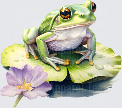 Watercolor Green Tree Frog Sitting on Lily Pad with Purple Water Lily Flower