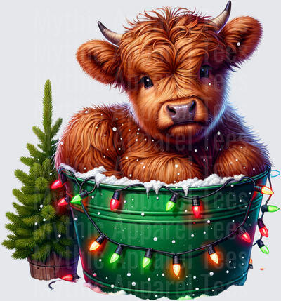 Highland Christmas Cow in Snow-Filled Green Tub with Lights