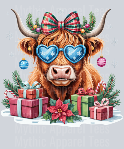 Christmas Highland Cow Coquette Bow Xmas Holiday Women Girls Long Sleeve T-Shirt