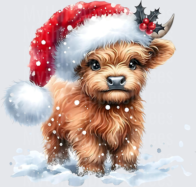 Highland Christmas Cow Baby Calf Santa Hat Holly Snow