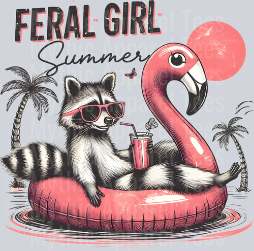 Feral Girl Summer Pink Flamingo and sun DTF Racoon Transfers