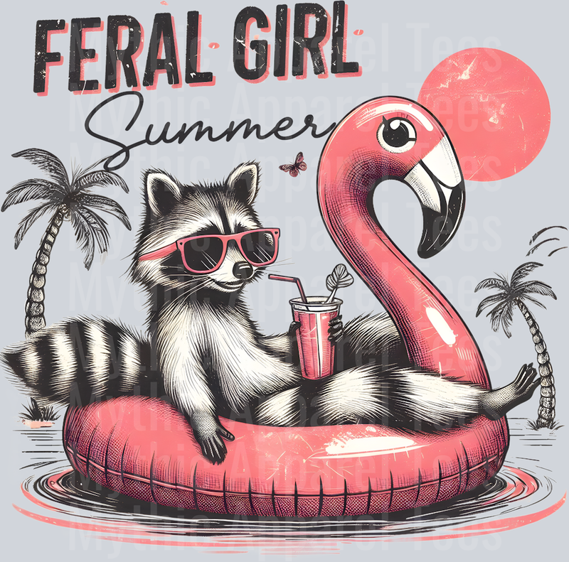 Feral Girl Summer Pink Flamingo and sun DTF Racoon Transfers
