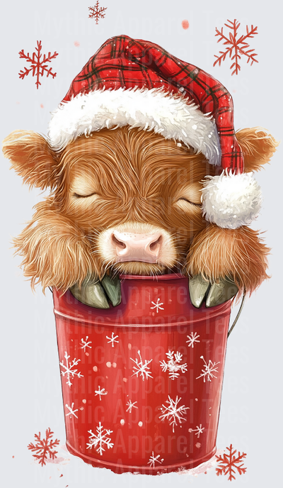 Highland Christmas Cow Sleeping Baby in Red Snowflake Bucket