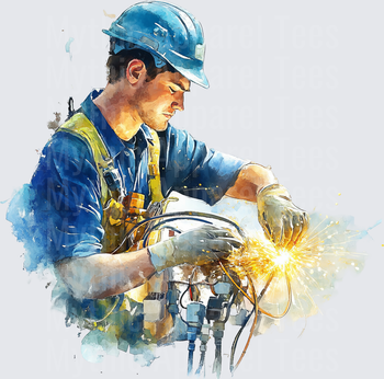 Watercolor Electrician Worker in Blue Hard Hat with Gloves and Sparking Wires
