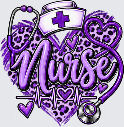 Nurse in Purple Leopard Print Heart with Stethoscope Nurse Cap and Heartbeat EKG Line