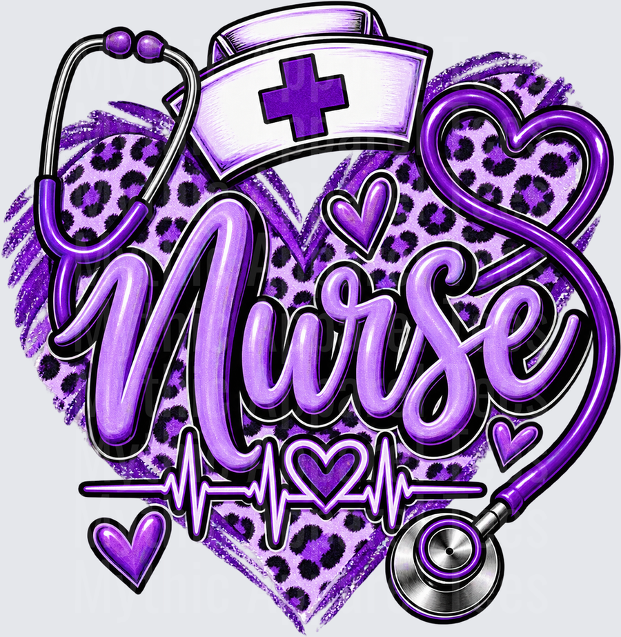 Nurse in Purple Leopard Print Heart with Stethoscope Nurse Cap and Heartbeat EKG Line